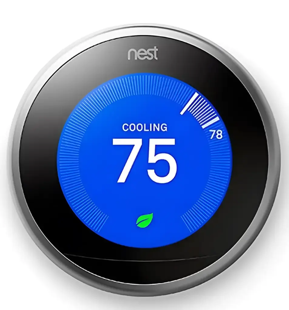 Blue smart thermostat displaying cooling at 75 degrees