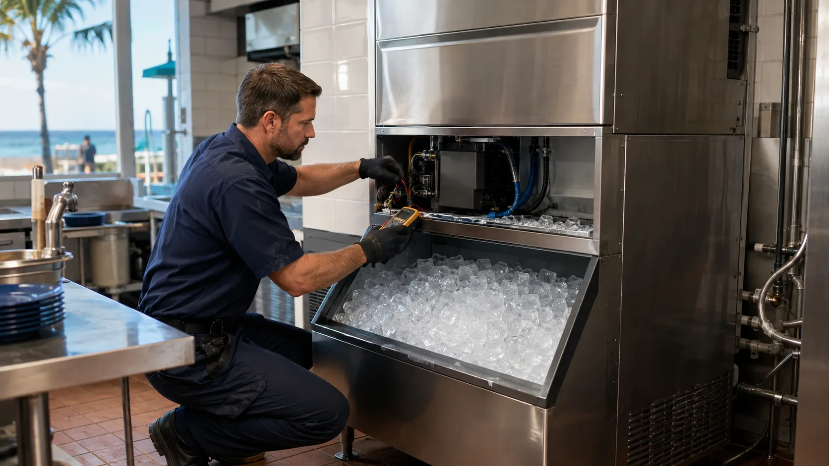 Technician servicing a stainless-steel commercial ice maker in a restaurant kitchen