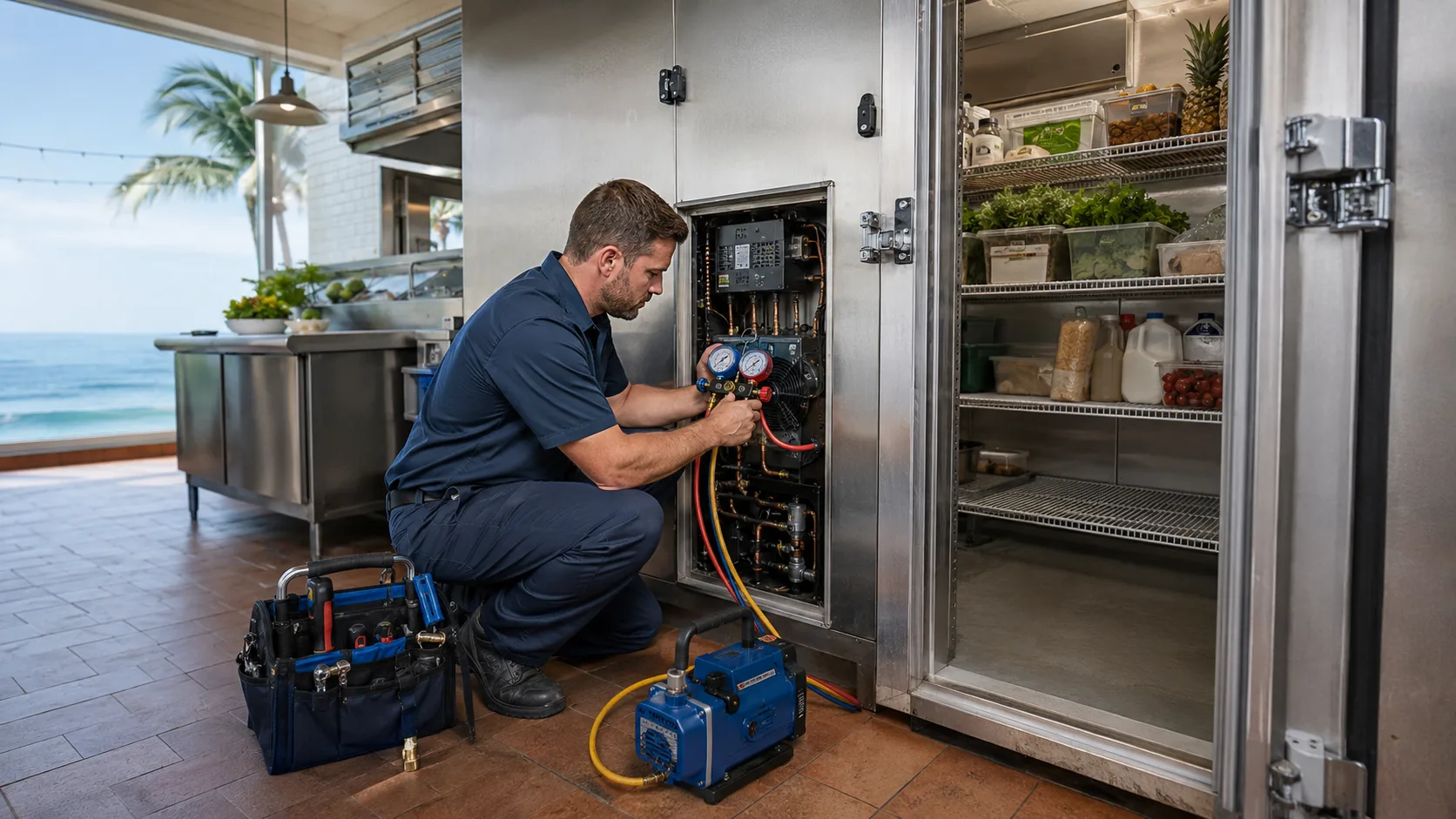 Commercial refrigeration technician servicing a restaurant walk-in cooler